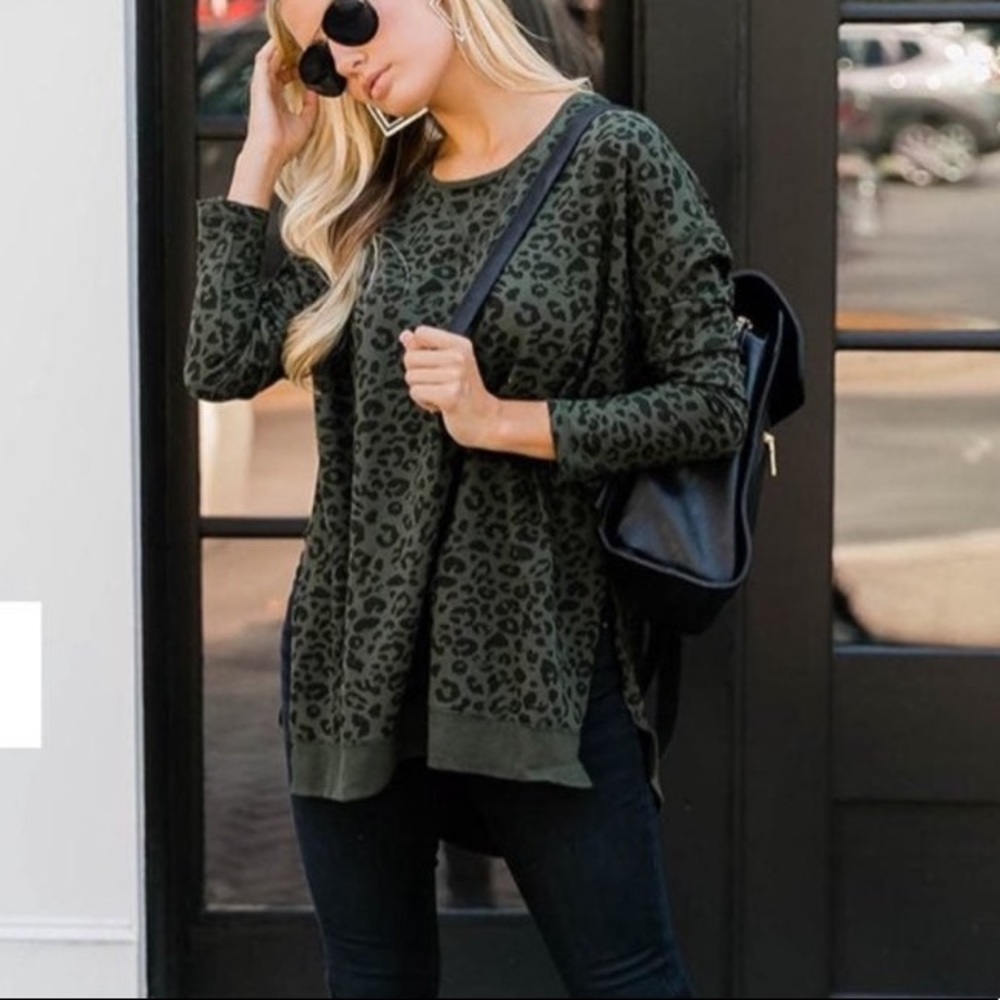 Z Supply Dark Green and Black Leopard Print Long Sleeve Sweatshirt - Picture 3 of 3